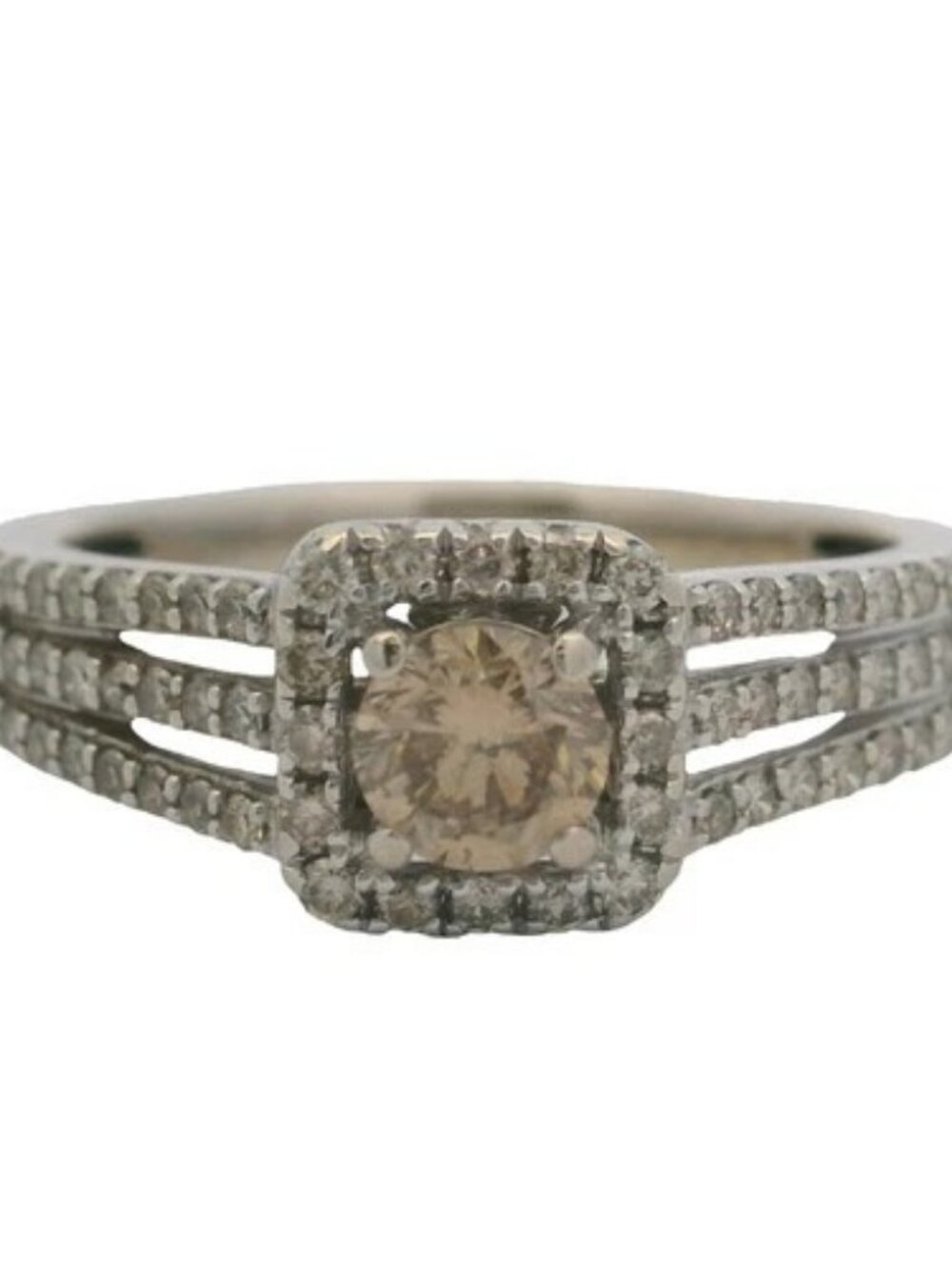 LeVian 14kt White Gold 0.68ctw Cognac White Diamond Solitaire Halo Ring Size 7
